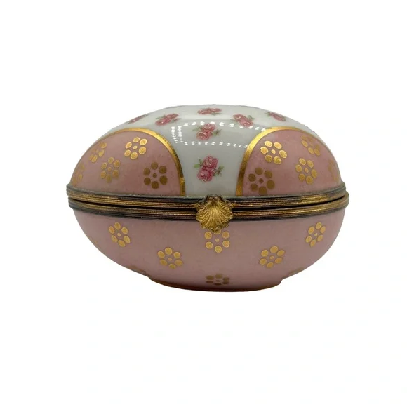 X Large Limoges France Hand Painted Rose Flower Egg Porcelain Pill Trinket Box